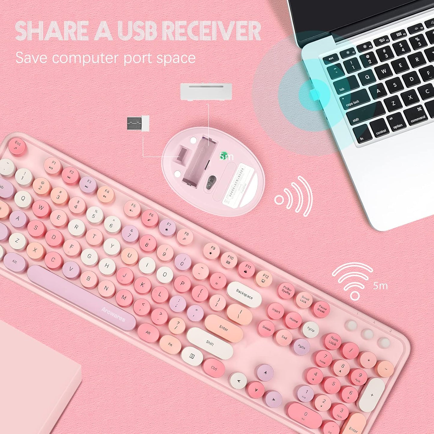 Wireless Keyboard and Mouse Combo, Sweet Mixed Color Cute Keyboard, 2.4G USB Ergonomic Keyboard and Mouse Combo