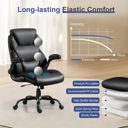 400LBS Big and Tall Office Chair, Leather Executive Desk Chair with Padded Flip-Up Arms, Heavy Duty Swivel Rolling Computer Chair for Home Office, Black