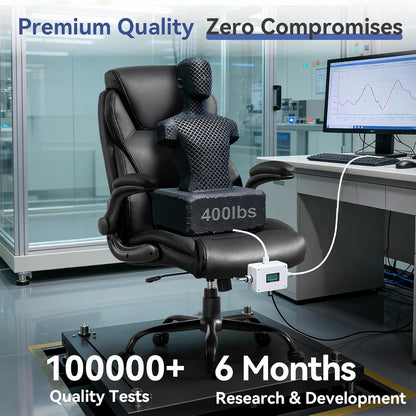 400LBS Big and Tall Office Chair, Leather Executive Desk Chair with Padded Flip-Up Arms, Heavy Duty Swivel Rolling Computer Chair for Home Office, Black