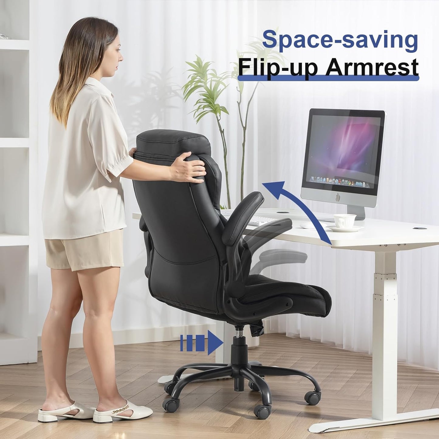 400LBS Big and Tall Office Chair, Leather Executive Desk Chair with Padded Flip-Up Arms, Heavy Duty Swivel Rolling Computer Chair for Home Office, Black